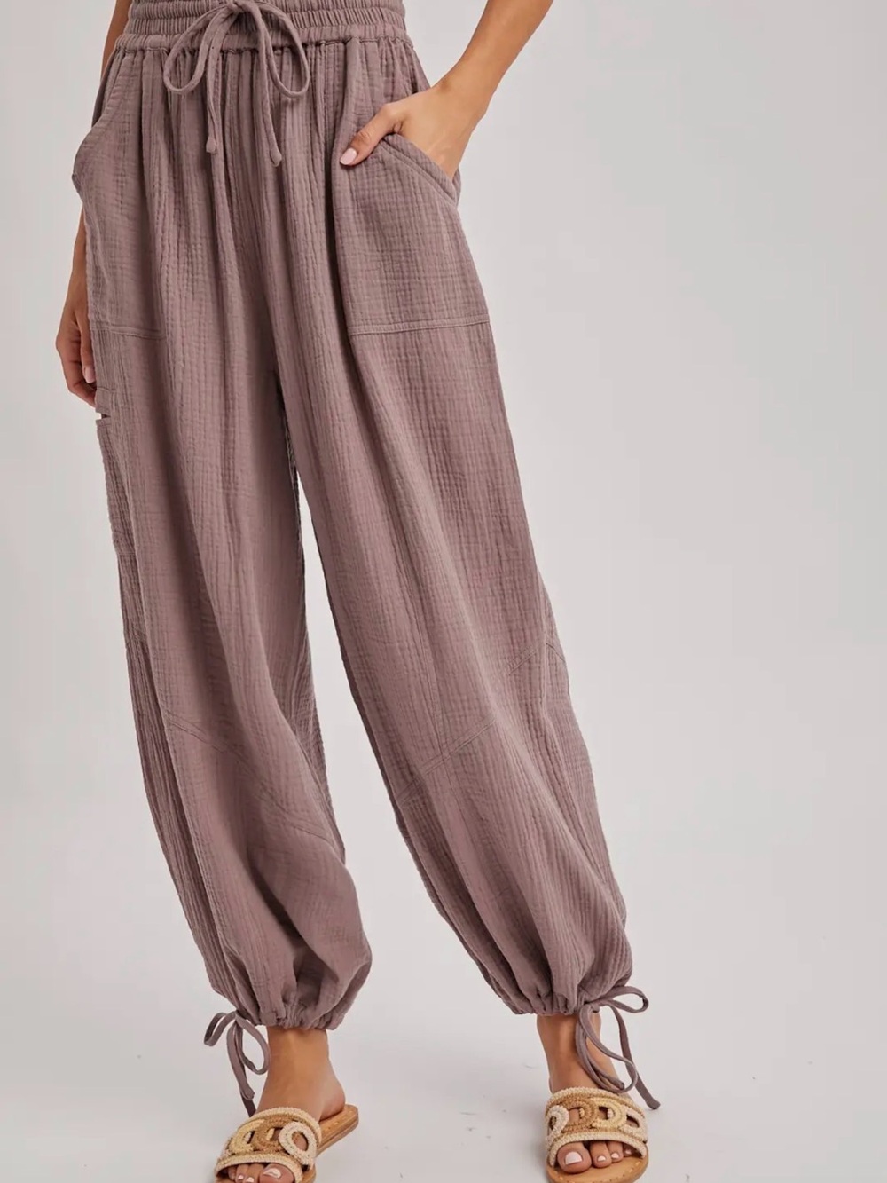 Drawstring Cotton Gauze Harlem Jogger Pants - Mushroom